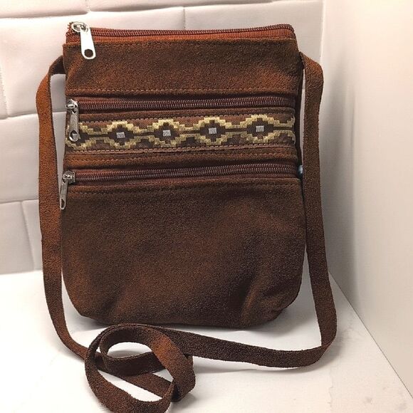 Brown Suede Crossbody Bag with Southwest Patterned Detail Hippie Boho Country - Picture 1 of 7